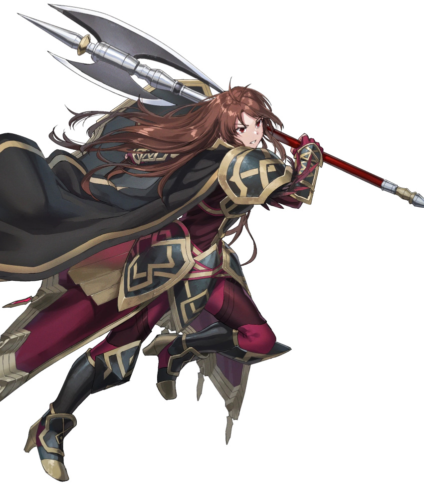 1girl alternate_costume arm_guards armor armored_boots armored_dress boots breastplate brown_eyes brown_hair cape dai-xt faulds feather_trim fingerless_gloves fire_emblem fire_emblem:_mystery_of_the_emblem fire_emblem_heroes gloves gold_trim high_heels highres leggings long_hair long_sleeves non-web_source official_alternate_costume official_art sheena_(fire_emblem) shoulder_armor solo standing transparent_background turtleneck