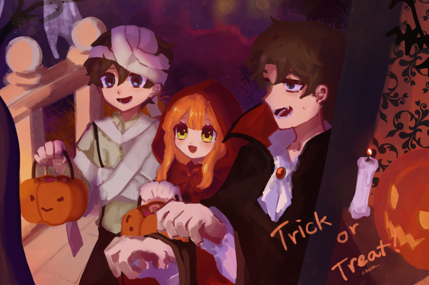1girl 2boys :&gt; :d archived_source artist_name bandages black_cape blue_eyes blush brown_hair candle candy cape child commentary cosplay crying_child's_brother_(fnaf) crying_child_(fnaf) elizabeth_afton english_commentary fangs five_nights_at_freddy's food ghost green_eyes hair_between_eyes halloween halloween_bucket hiji_(hijichan) holding jack-o'-lantern little_red_riding_hood_(grimm) little_red_riding_hood_(grimm)_(cosplay) long_hair long_sleeves michael_afton multiple_boys mummy_costume night open_mouth orange_hair outstretched_arms porch pumpkin red_brooch red_cape red_hood short_hair smile sweatdrop trick_or_treat two-sided_cape two-sided_fabric vampire_costume zombie_pose