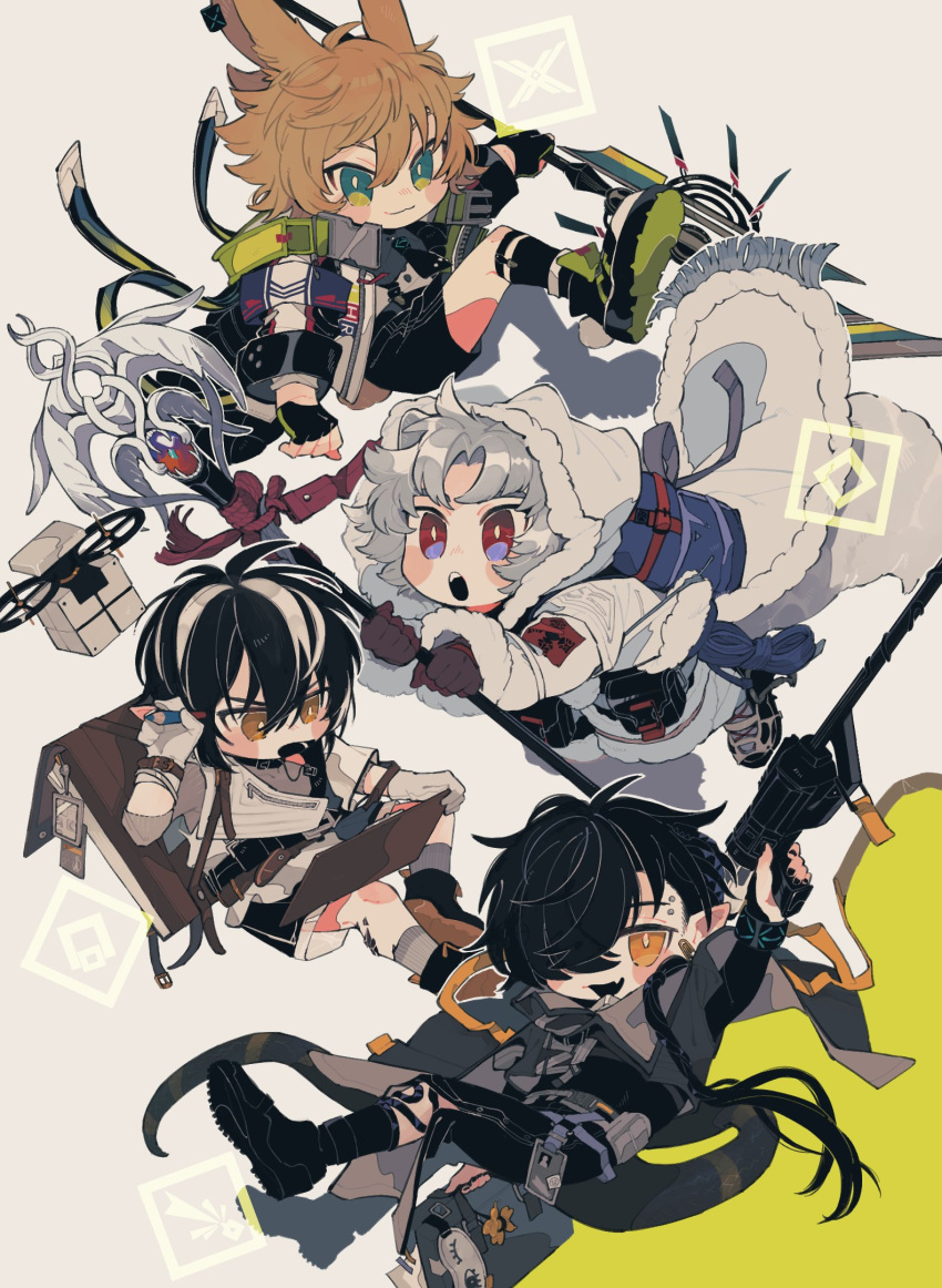 4boys :o animal_ears annoyed arknights ascot backpack bag bandage_on_face bandages black_ascot black_footwear black_gloves black_hair black_jacket black_pants blue_bag blush brown_gloves chibi closed_mouth coat commentary_request corroserum_(arknights) cropped_jacket drone eyebrow_piercing fingerless_gloves fur-trimmed_coat fur_trim gloves green_eyes grey_background grey_shirt grey_socks gun hair_over_one_eye hand_up highres holding holding_gun holding_marker holding_staff holding_tablet_pc holding_weapon id_card infection_monitor_(arknights) jacket leaning_forward leonhardt_(arknights) looking_at_viewer looking_down male_focus marker minimalist_(arknights) multicolored_hair multiple_boys open_mouth oripathy_lesion_(arknights) outline pants piercing pointy_ears pouch qanipalaat_(arknights) rabbit_boy rabbit_ears red_eyes remu_(kudarizaka_25) shirt shoes shorts sleep_mask snake_boy snake_tail sneakers snow_boots socks staff streaked_hair tablet_pc tail teeth two-tone_background upper_teeth_only weapon white_coat white_gloves white_hair white_shirt white_shorts yellow_background yellow_eyes
