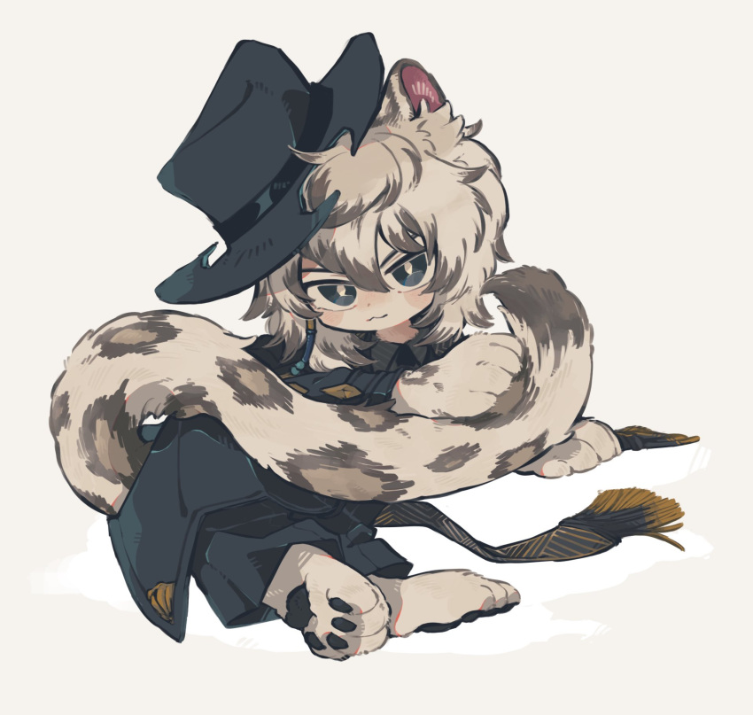 1boy :3 animal_ears animal_hands black_headwear blue_coat blue_eyes blue_pants blush bright_pupils coat commentary grey_hair hat highres leopard_boy leopard_ears leopard_tail looking_at_viewer male_focus pants remu_(kudarizaka_25) scarf silverash_(arknights) silverash_(york's_bise)_(arknights) solo symbol-only_commentary tail white_pupils