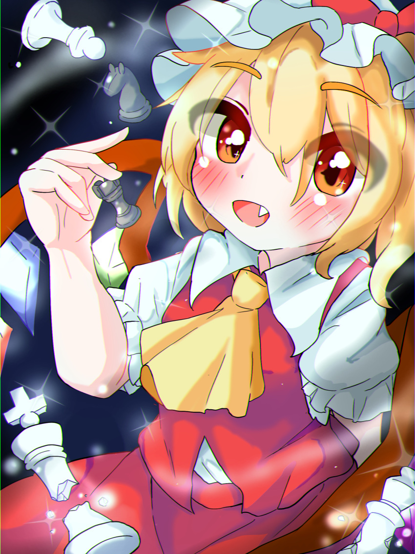 1girl absurdres ascot blonde_hair blush bow breasts brown_eyes chess_piece chromatic_aberration collared_shirt cowboy_shot crystal dark_background fang flandre_scarlet frilled_sleeves frills hair_between_eyes happy hat hat_bow highres holding_chess_piece king_(chess) kkfri_2525 looking_at_viewer medium_hair mob_cap multicolored_wings one_side_up open_mouth pawn_(chess) puffy_short_sleeves puffy_sleeves queen_(chess) red_bow red_skirt red_vest shirt short_sleeves skirt skirt_set small_breasts solo touhou vest white_headwear white_shirt wings yellow_ascot
