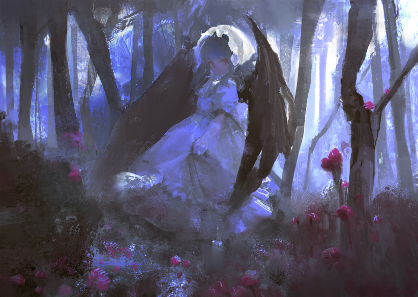 1girl absurdres bat_wings black_wings blue_hair closed_mouth dress flat_chest flower forest gloves hat highres mob_cap nature night outdoors pink_flower puffy_short_sleeves puffy_sleeves red_eyes remilia_scarlet short_hair short_sleeves skirt_hold solo tankeche0110 touhou white_dress white_gloves white_headwear wings