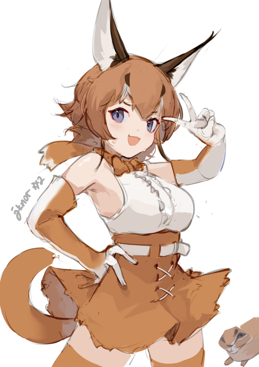1girl absurdres bare_shoulders blue_eyes blush bow bowtie brown_bow brown_bowtie brown_gloves brown_hair brown_skirt brown_thighhighs caracal_(kemono_friends) caracal_ears cat_girl cat_tail gloves hand_on_own_hip high-waist_skirt highres kemono_friends looking_at_viewer multicolored_hair noor7 shirt short_hair skirt solo tail thigh-highs v white_hair white_shirt zettai_ryouiki