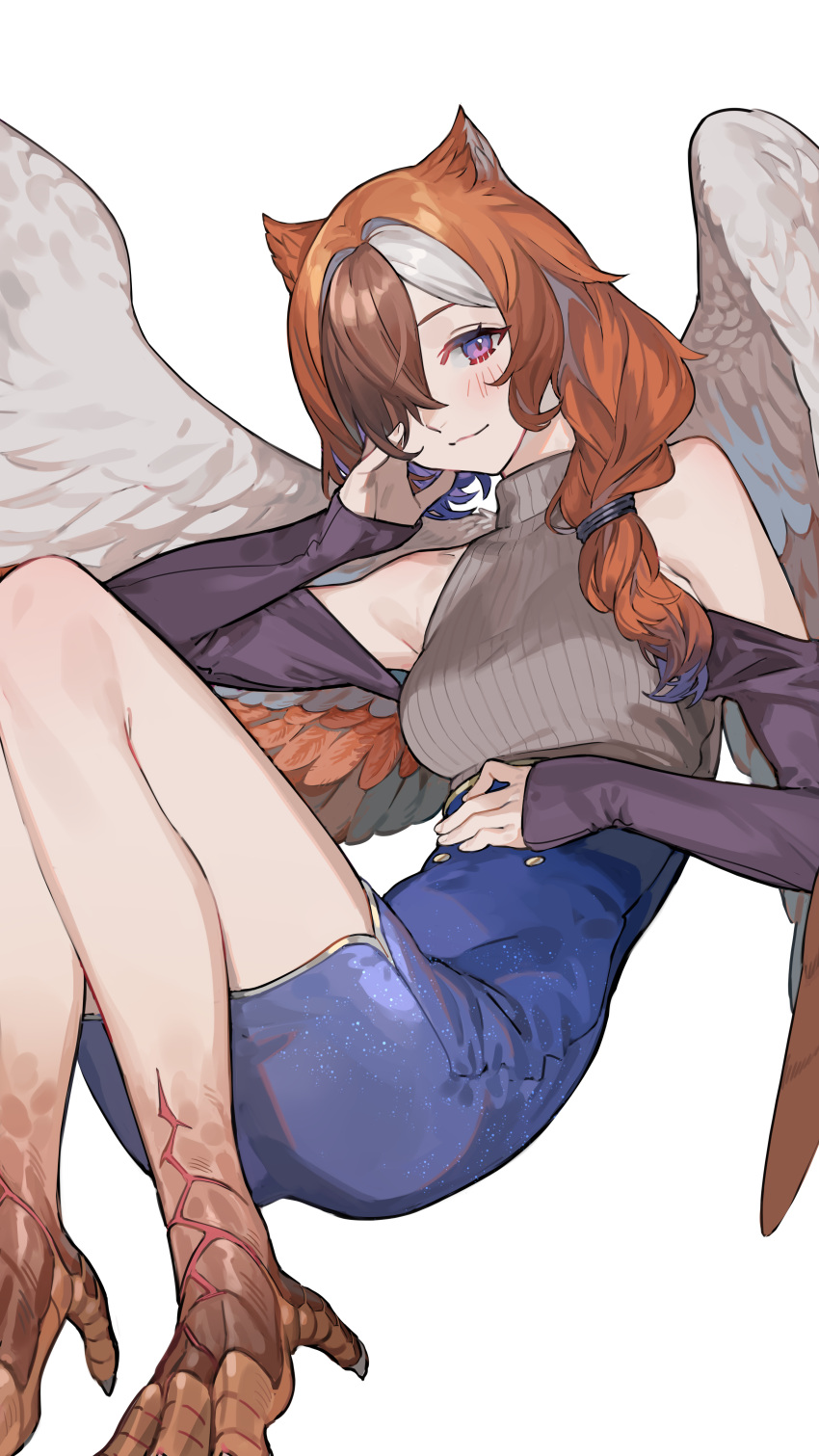 1girl absurdres animal_ears animal_feet bare_shoulders bird_legs bird_wings breasts brown_hair brown_wings claws closed_mouth colored_inner_hair commission estelle_(cieluscian) feathered_wings foot_out_of_frame grey_hair grey_sweater grey_wings hair_over_one_eye hair_over_shoulder hand_on_own_cheek hand_on_own_face hand_up harpy high-waist_skirt highres knees_up light_blush long_hair long_sleeves looking_at_viewer low-tied_long_hair medium_breasts monster_girl multicolored_hair nao_(syn_eaa) one_eye_covered original owl_girl purple_hair purple_skirt second-party_source simple_background sitting skirt sleeveless sleeves_past_wrists smile solo streaked_hair sweater turtleneck turtleneck_sweater violet_eyes white_background wings