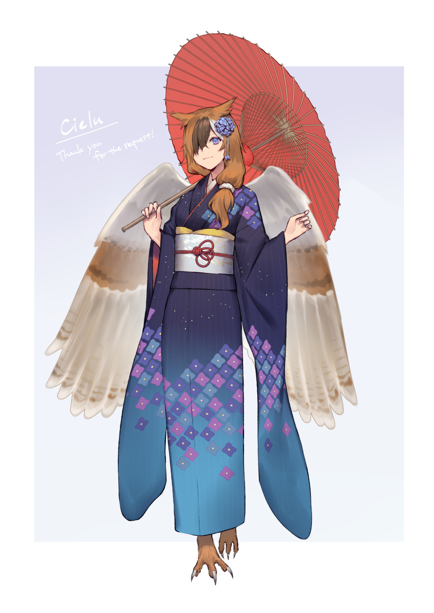 1girl absurdres animal_feet bird_legs bird_wings blue_eyes blue_kimono brown_hair brown_wings claws closed_mouth commission estelle_(cieluscian) feathered_wings flower full_body furisode grey_hair hair_flower hair_ornament hair_over_one_eye hands_up harpy highres holding holding_umbrella japanese_clothes kibou kimono long_hair long_sleeves looking_at_viewer low-tied_long_hair monster_girl multicolored_eyes multicolored_hair obi obiage obijime oil-paper_umbrella original over_shoulder owl_girl purple_background purple_flower purple_kimono red_umbrella sash second-party_source simple_background skeb_commission smile solo standing streaked_hair thank_you umbrella violet_eyes walking wide_sleeves wings