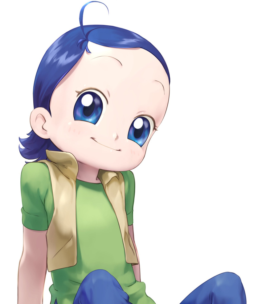 1girl ahoge blue_eyes blue_hair blue_pants closed_mouth flat_chest green_shirt highres ojamajo_doremi open_clothes open_mouth open_vest pants senoo_aiko shirt short_hair short_sleeves simple_background smile solo tenshinhannnn vest white_background yellow_vest