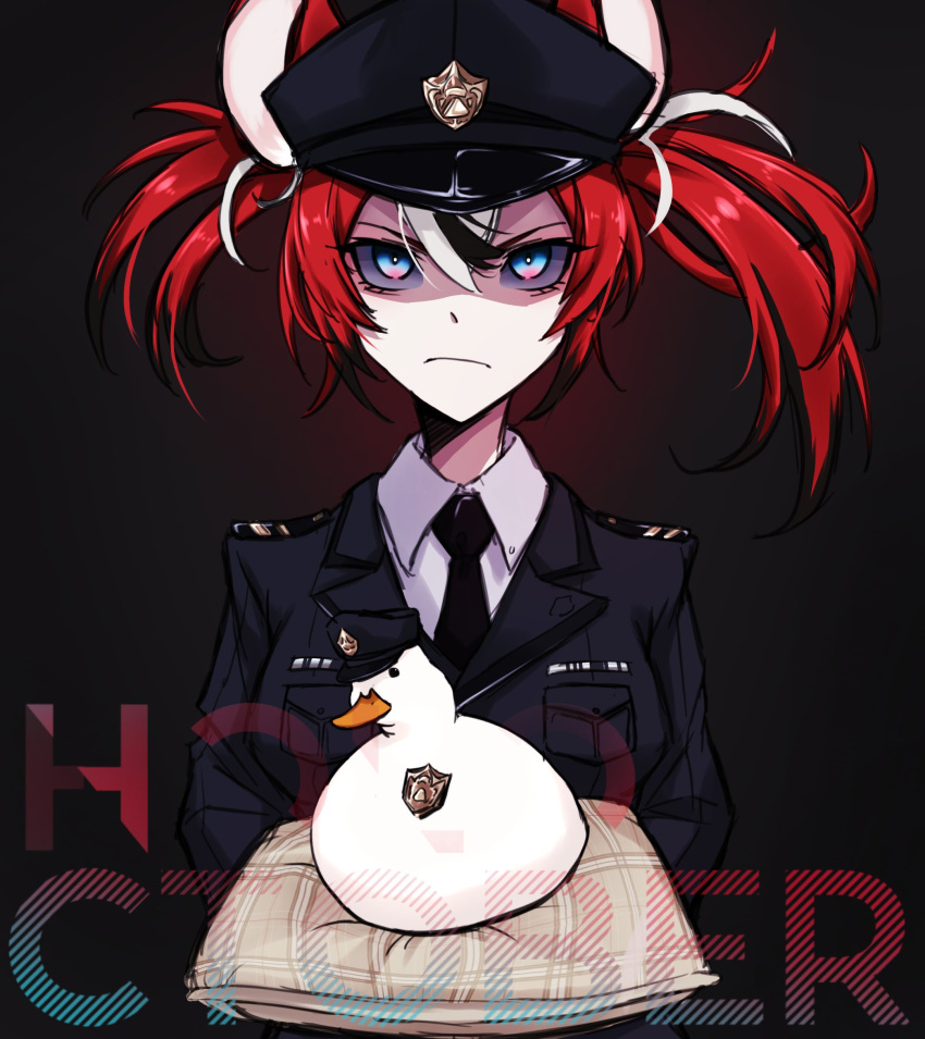 1girl absurdres bird black_hair blue_eyes duck gradient_eyes hakos_baelz hat highres holding_cushion hololive hololive_english hoodboy49009174 long_hair looking_at_viewer multicolored_eyes multicolored_hair necktie peaked_cap police police_badge police_hat police_uniform policewoman redhead shaded_face streaked_hair subaru_duck twintails uniform virtual_youtuber white_hair