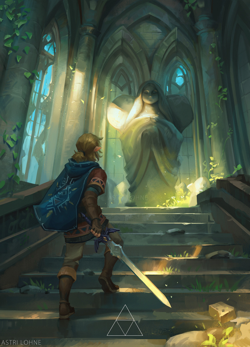 1boy artist_name astri_lohne_sjursen blonde_hair blue_cape cape commentary english_commentary fingerless_gloves from_behind full_body gloves highres holding holding_sword holding_weapon hood hooded_cape hylian_set_(zelda) leaf link male_focus plant pointy_ears solo stairs statue sunlight sword the_legend_of_zelda the_legend_of_zelda:_breath_of_the_wild vines weapon window