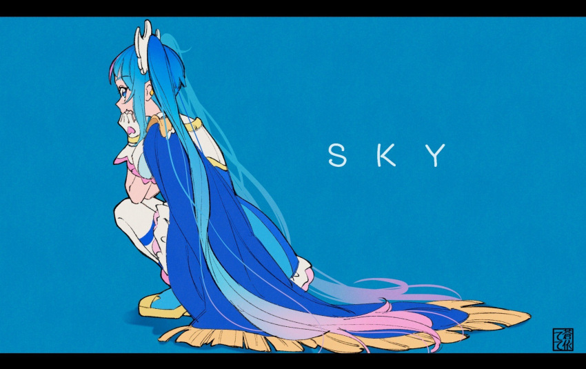 1girl artist_name blue_background blue_cape blue_dress blue_eyes blue_footwear blue_hair boots cape character_name closed_mouth cure_sky detached_sleeves dress earclip fingerless_gloves fringe_trim from_behind gloves gradient_hair head_rest highres hirogaru_sky!_precure letterboxed long_hair looking_at_viewer looking_back magical_girl multicolored_hair pink_hair precure puffy_detached_sleeves puffy_sleeves short_dress signature smile solo sora_harewataru squatting tete_a thigh-highs twintails two-sided_cape two-sided_fabric very_long_hair white_gloves white_thighhighs wing_hair_ornament