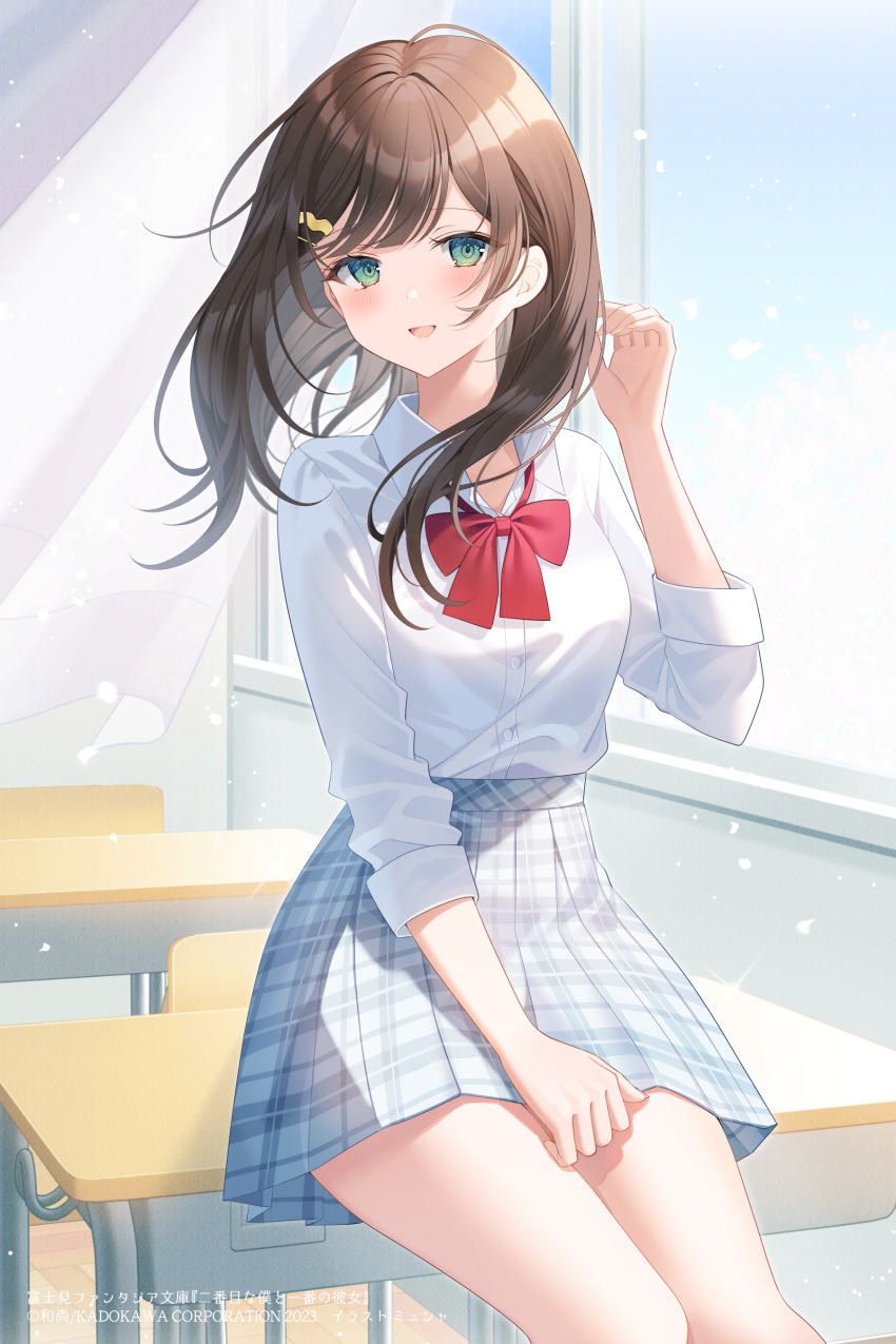 1girl :d absurdres blue_sky blush bow breasts brown_hair chair clouds collared_shirt commentary_request copyright_request curtains day desk dress_shirt floating_hair green_eyes grey_skirt hair_ornament hairclip hand_up highres indoors long_hair long_sleeves looking_at_viewer myusha official_art on_desk plaid plaid_skirt pleated_skirt red_bow school_chair school_desk school_uniform shirt sitting sitting_on_desk skirt sky small_breasts smile solo white_shirt window