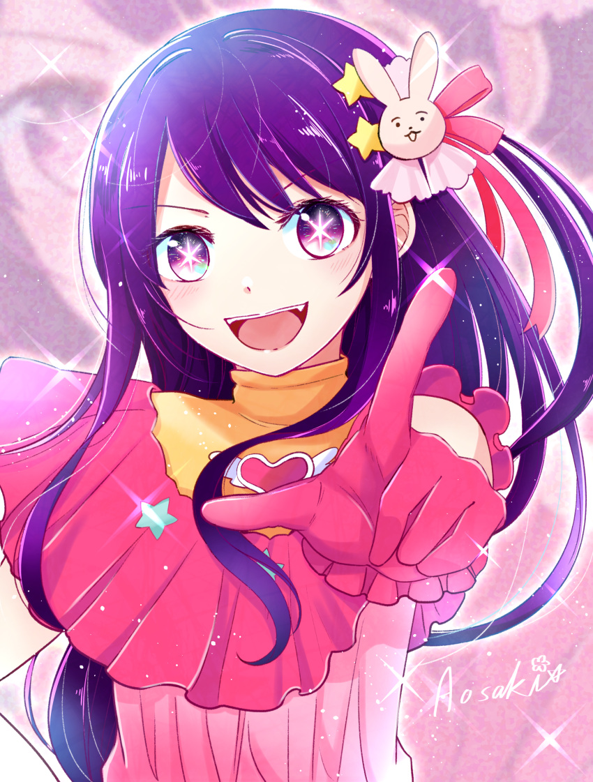 1girl absurdres aosaki_kasutera brooch commentary_request frilled_gloves frills gloves hair_ornament heart heart_brooch highres hoshino_ai_(oshi_no_ko) idol_clothes jewelry long_hair one_side_up open_mouth oshi_no_ko pink_gloves pointing purple_hair rabbit_hair_ornament signature smile solo star-shaped_pupils star_(symbol) star_hair_ornament symbol-shaped_pupils upper_body violet_eyes zoom_layer