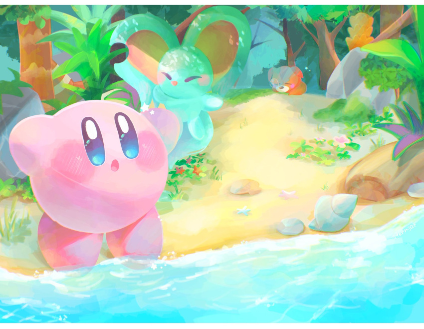 :o arms_up awoofy beach blue_eyes blush blush_stickers bush closed_eyes commentary_request conch day elfilin flower forest highres kirby kirby_(series) kirby_and_the_forgotten_land letterboxed log nature no_humans nose_bubble open_mouth outdoors palm_tree pink_flower plant red_flower rock sand seashell shell sleeping star_(symbol) starfish stern_(stern_dream) tiptoes tree water
