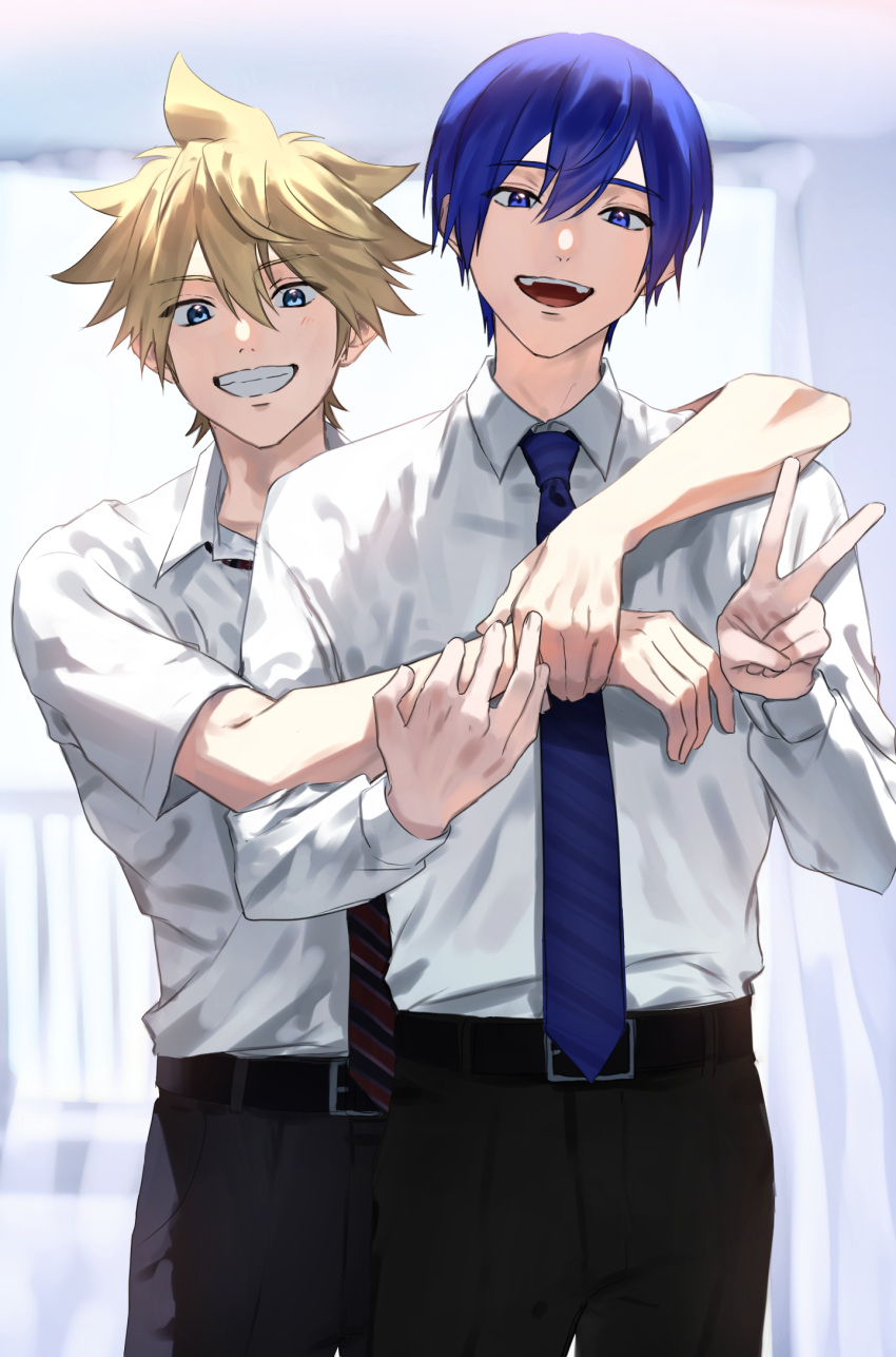 2boys belt blonde_hair blue_eyes blue_hair blue_necktie facing_viewer grin hair_between_eyes happy highres holding_another's_arm holding_another's_wrist hug hug_from_behind kagamine_len kaito_(vocaloid) looking_at_viewer male_focus multiple_boys necktie open_mouth pants school_uniform shirt short_hair simple_background smile spiky_hair standing teeth tetorutti35 v vocaloid white_shirt