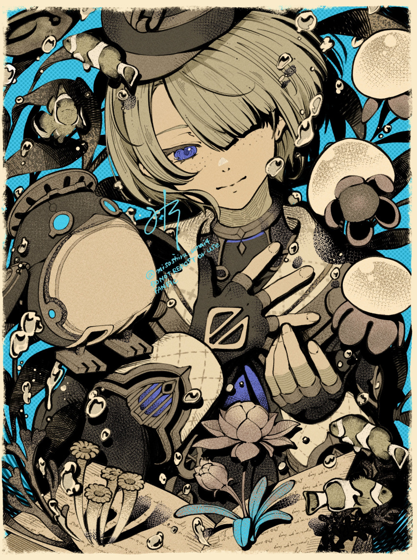 1boy absurdres air_bubble artist_name black_gloves black_headwear black_jacket blonde_hair blue_background blue_eyes book border bubble closed_mouth clownfish commentary coral eyelashes fingerless_gloves fish flower freckles freminet_(genshin_impact) genshin_impact gloves gold_trim hair_over_one_eye hands_up hat highres jacket jellyfish long_sleeves male_focus misoshiru_umai4 non-humanoid_robot one_eye_covered open_book parted_bangs pers_(genshin_impact) plant robot robot_animal romaritime_flower sea_anemone short_hair signature simple_background sleeve_cuffs smile solo twitter_username upper_body watermark white_border