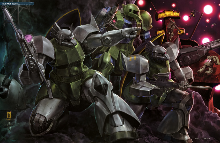 2others absurdres asteroid astronaut bazooka_(gundam) bigro dom explosion flying gelgoog gun gundam highres holding holding_gun holding_weapon horns kinoshita_tomotake looking_ahead mecha mobile_suit mobile_suit_gundam multiple_others musai on_one_knee one-eyed outstretched_arm pointing robot science_fiction shield shield_on_back single_horn space spacecraft standing turret violet_eyes weapon zaku_i zaku_ii