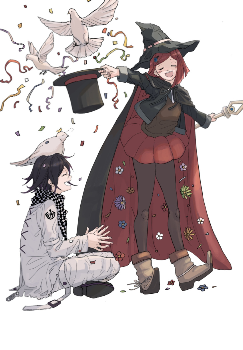 1boy 1girl :d animal bird black_cape black_headwear black_jacket brown_footwear brown_pantyhose brown_vest cape checkered_clothes checkered_scarf closed_eyes confetti danganronpa_(series) danganronpa_v3:_killing_harmony facing_another flower from_side full_body gem_hair_ornament grey_jacket grey_pants hat highres holding holding_staff jacket long_sleeves oma_kokichi open_clothes open_jacket pants pantyhose red_cape redhead scarf shoes short_hair smile staff standing two-tone_cape vest white_background witch_hat yoshie_(komaneko0007) yumeno_himiko