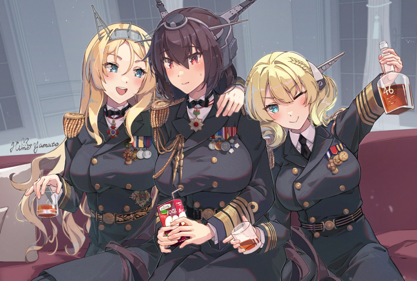 3girls alcohol alternate_costume arm_up artist_name black_bow black_jacket black_necktie black_pants blonde_hair blue_eyes blush bow braid breasts brown_hair buttons closed_mouth collared_shirt colorado_(kancolle) commentary_request couch cup double-breasted epaulettes headgear highres himeyamato holding holding_cup jacket kantai_collection large_breasts long_hair medal military_uniform mixed-language_commentary multiple_girls nagato_(kancolle) necktie nelson_(kancolle) pants redhead shirt short_hair smile teeth uniform upper_teeth_only whiskey white_shirt