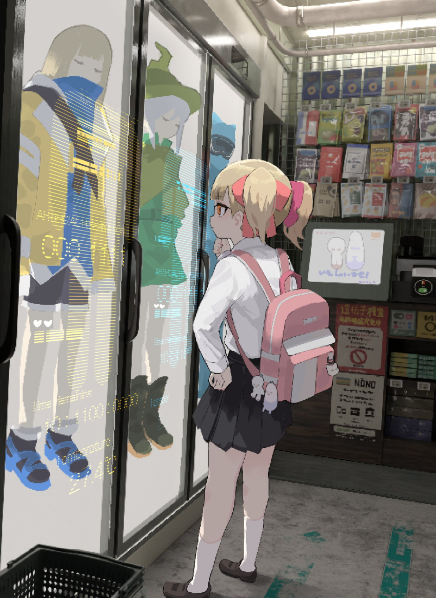 1girl absurdres backpack bag black_footwear black_skirt blonde_hair bow child closed_mouth cover cover_page doujin_cover full_body hair_bow hand_on_own_hip highres indoors orange_eyes original pink_bag pink_bow pleated_skirt samidare_(hoshi) shirt shirt_tucked_in shoes shop shopping_basket short_twintails skirt socks solo standing twintails white_shirt white_socks