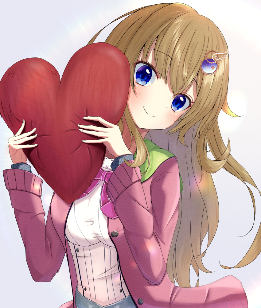 1girl 9-nine- absurdres blue_eyes blush breasts cardigan closed_mouth commentary_request eyelashes eyes_visible_through_hair gear_hair_ornament hair_between_eyes hands_up head_tilt heart heart_pillow highres holding holding_pillow kujou_miyako large_breasts light_brown_hair long_hair long_sleeves looking_at_viewer neck_ribbon open_cardigan open_clothes peeking_out pillow pink_cardigan pink_ribbon ribbon school_uniform shirt sidelocks simple_background smile solo star_(symbol) takoyaki032002 upper_body very_long_hair wavy_hair white_background white_shirt wing_hair_ornament