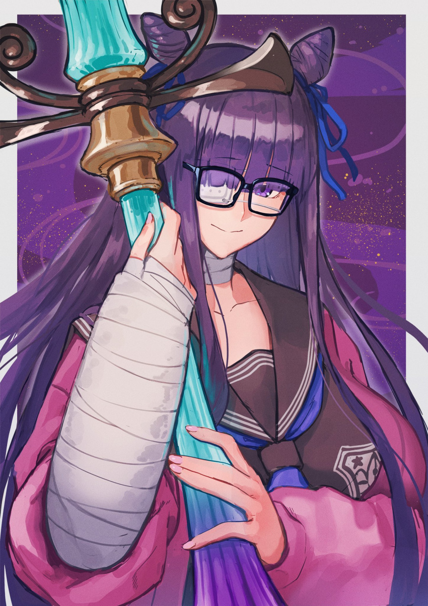 1girl artist_request bandages blush breasts eyewear_strap fate/grand_order fate_(series) glasses highres jacket large_breasts long_hair looking_at_viewer murasaki_shikibu_(fate) murasaki_shikibu_(swimsuit_rider)_(fate) murasaki_shikibu_(swimsuit_rider)_(second_ascension)_(fate) pink_jacket purple_hair smile v_over_eye violet_eyes