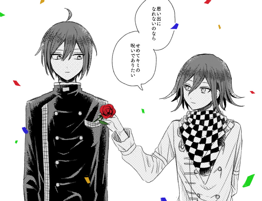 2boys ahoge breast_pocket checkered_clothes checkered_scarf closed_mouth confetti danganronpa_(series) danganronpa_v3:_killing_harmony flower hair_between_eyes hand_up holding holding_flower jacket kasou_(roomno404_) long_sleeves looking_at_another male_focus multiple_boys oma_kokichi pocket red_flower red_rose rose saihara_shuichi scarf short_hair smile speech_bubble spot_color translation_request