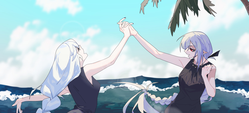 2girls arknights bare_arms bare_shoulders black_shirt blue_sky braid braided_ponytail clouds dancing gladiia_(arknights) highres long_hair low-braided_long_hair multiple_girls ocean open_mouth palm_tree pointy_ears red_eyes shirt sky sleeveless sleeveless_shirt specter_(arknights) tree very_long_hair water white_hair xity