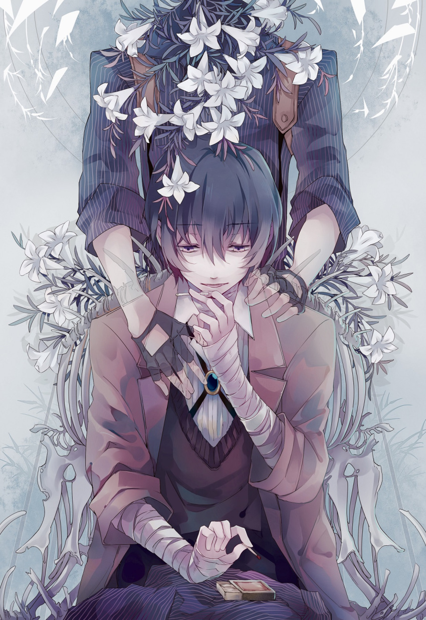 2boys :p bandaged_arm bandaged_neck bandages black_gloves black_hair black_pants black_shirt bolo_tie brown_coat brown_sweater_vest bungou_stray_dogs cigarette coat collared_shirt cutout_gloves dazai_osamu_(bungou_stray_dogs) eveshut fingerless_gloves flower gloves grey_background hair_between_eyes half-closed_eye hand_on_another's_chest hand_on_another's_shoulder head_out_of_frame highres holding holding_cigarette holding_matchstick holster lily_(flower) long_sleeves looking_at_viewer male_focus matchbox matches multiple_boys oda_sakunosuke_(bungou_stray_dogs) pants pinstripe_pattern pinstripe_shirt shirt short_hair shoulder_holster skeleton sleeves_rolled_up smile striped sweater_vest tongue tongue_out transparent unworn_shirt upper_body violet_eyes white_flower white_lily white_shirt