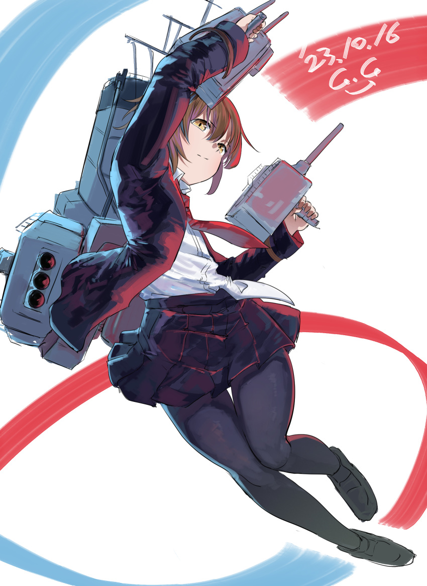 1girl adapted_turret artillery blazer blush brown_eyes brown_hair cannon dated full_body gegeron hair_ornament highres jacket kantai_collection long_sleeves machinery necktie pantyhose pleated_skirt red_necktie rigging school_uniform shirt short_hair signature skirt smokestack solo torpedo torpedo_launcher torpedo_tubes turret wakaba_(kancolle) white_background