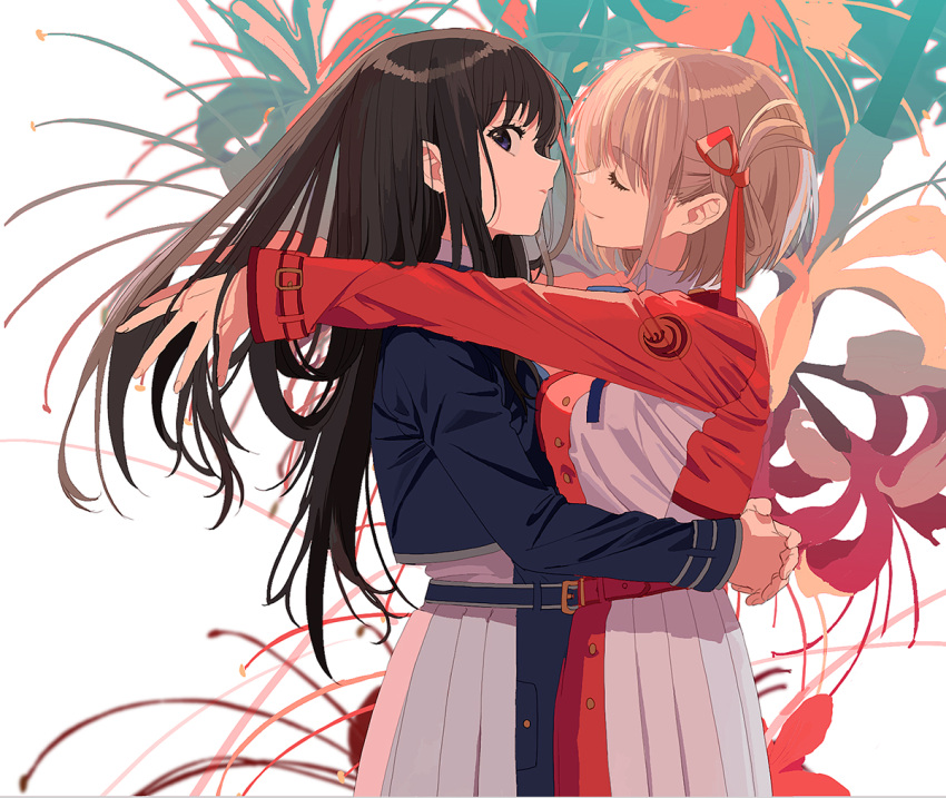 2girls arms_around_waist belt black_hair blonde_hair blue_belt blue_dress closed_eyes closed_mouth commentary dress face-to-face facing_another floral_background flower from_side grey_dress hair_ribbon imminent_kiss inoue_takina long_hair long_sleeves looking_at_viewer lycoris_recoil lycoris_uniform multiple_girls nishikigi_chisato okazaki_oka own_hands_together parted_lips pleated_dress profile red_belt red_dress red_ribbon ribbon short_hair sideways_glance smile spider_lily two-tone_dress violet_eyes yuri