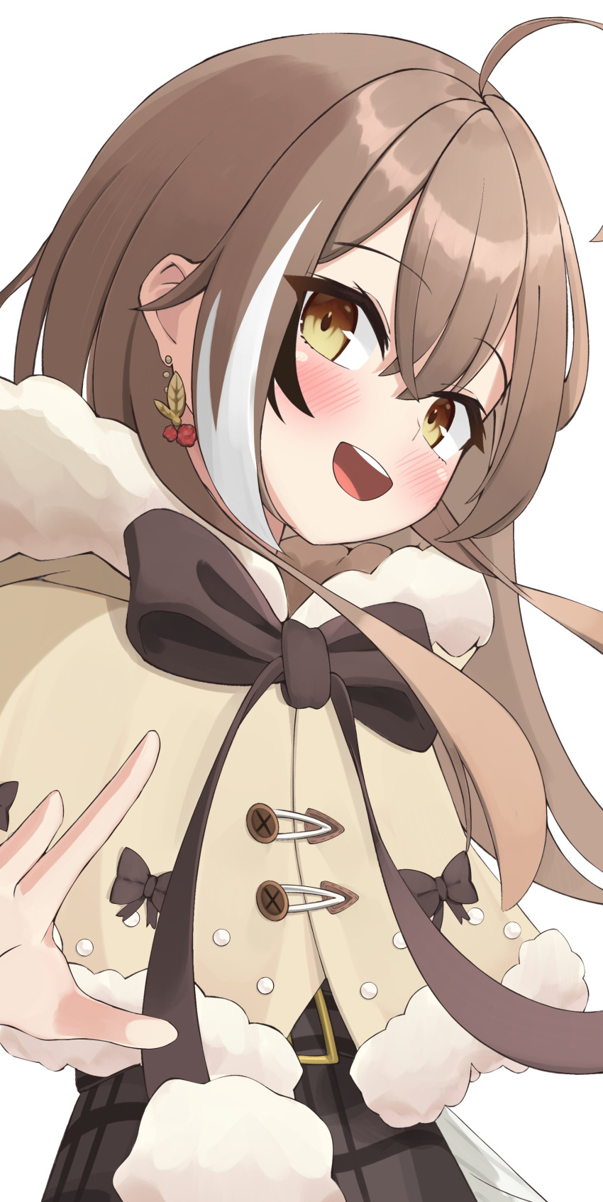 1girl :d absurdres ahoge belt berry blush brown_capelet brown_eyes brown_hair brown_skirt buttons capelet crossed_bangs earrings food-themed_earrings fur_trim highres hololive hololive_english jewelry long_hair looking_at_viewer multicolored_hair nanashi_mumei nanashi_mumei_(3rd_costume) nobarts official_alternate_costume plaid plaid_skirt pom_pom_(clothes) ribbon skirt smile streaked_hair teeth upper_teeth_only virtual_youtuber