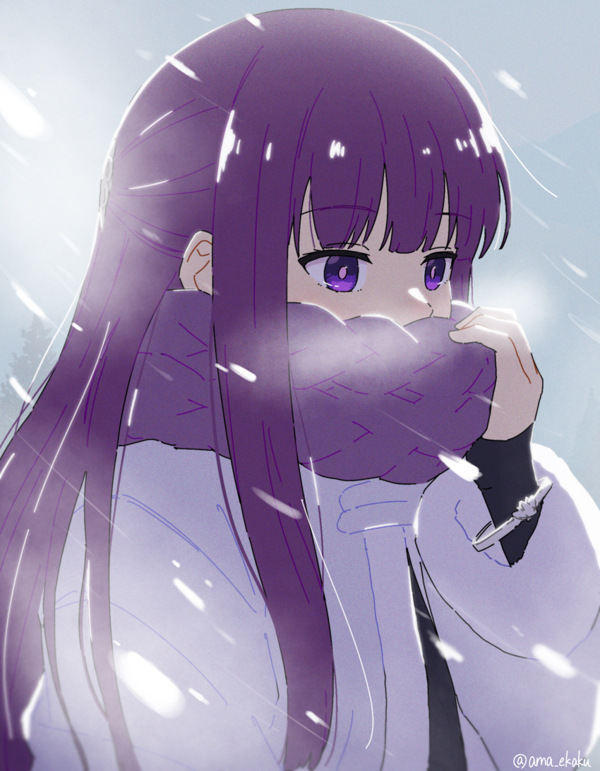 1girl adjusting_scarf ama_(ama_ekaku) bracelet braided_scarf coat commentary_request covered_mouth cut_bangs fern_(sousou_no_frieren) hand_up highres jewelry long_hair long_sleeves outdoors partial_commentary purple_hair purple_scarf scarf sidelocks snow snowing solo sousou_no_frieren straight_hair twitter_username upper_body violet_eyes watermark white_coat winter winter_clothes winter_coat