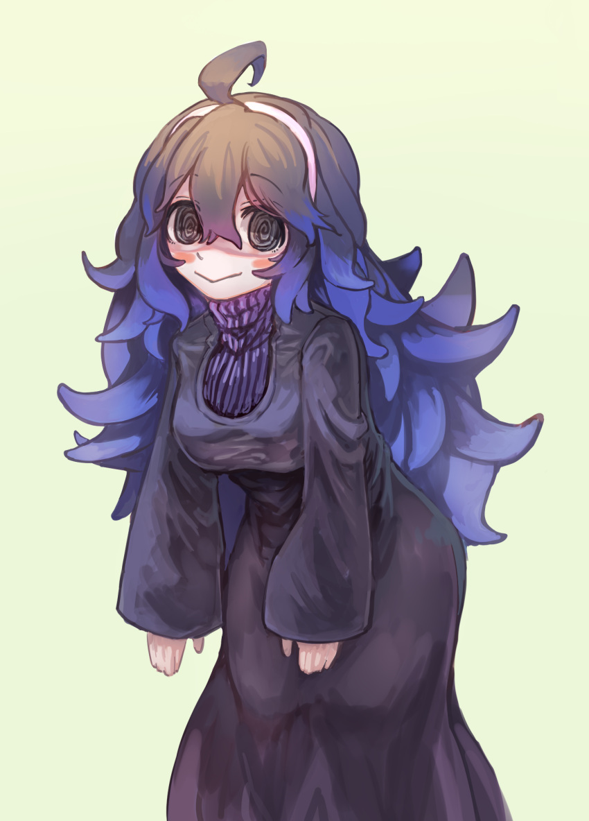 :&gt; ahoge aka_tomato bent_over black_dress blush blush_stickers breasts dress hairband hex_maniac_(pokemon) highres large_breasts long_hair medium_breasts open_hands pokemon pokemon_(game) pokemon_xy purple_hairband purple_sweater ribbed_sweater simple_background standing sweater