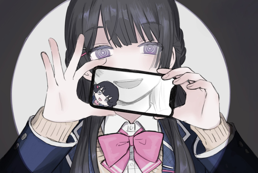 1girl black_background black_hair blazer bow bowtie brown_sweater cellphone_picture chibi collared_shirt commentary_request dual_persona hair_over_shoulder half-closed_eyes half_updo hands_up head_tilt highres hito_mania_(utau) holding holding_phone jacket long_hair long_sleeves looking_at_viewer nijisanji open_mouth phone pink_bow pink_bowtie ringed_eyes school_uniform shirt smile solo spotlight sweater thick_eyelashes tsukino_mito tsukino_mito_(1st_costume) two-tone_background upper_body violet_eyes virtual_youtuber white_background white_shirt yuge_(am00iyw)