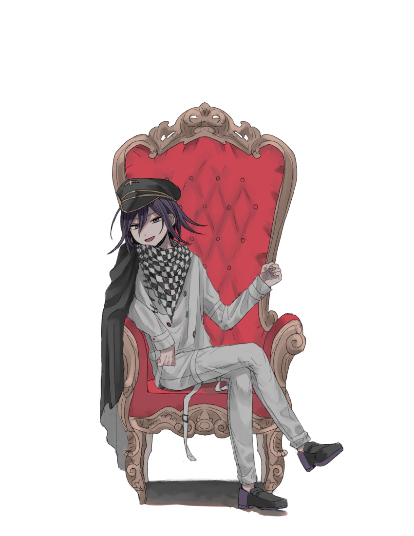 1boy :d black_cape black_footwear black_headwear buttons cape checkered_clothes checkered_scarf crossed_legs danganronpa_(series) danganronpa_v3:_killing_harmony double-breasted grey_jacket grey_pants hair_between_eyes hat highres jacket kasou_(roomno404_) long_sleeves looking_at_viewer oma_kokichi open_mouth pants peaked_cap purple_hair scarf shoes simple_background smile solo violet_eyes white_background