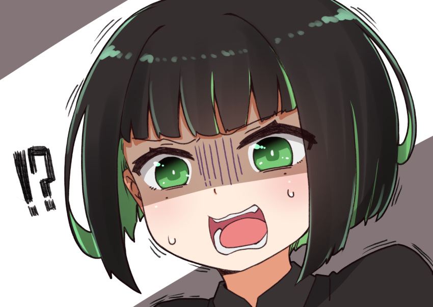 !? 1girl allmind_(armored_core_6) armored_core armored_core_6 black_hair black_jacket chibi collared_shirt green_eyes green_hair grey_background grey_shirt highres i.u.y jacket looking_at_viewer multicolored_hair open_mouth personification portrait shirt short_hair solo sweat trembling turn_pale two-tone_background two-tone_hair white_background