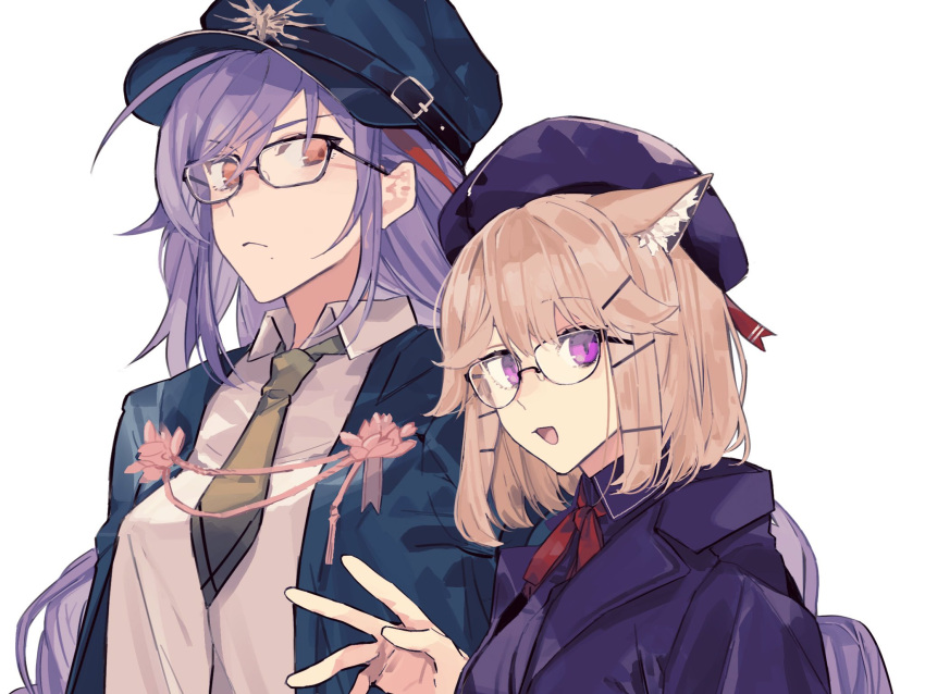 2girls akafuyu_(arknights) akafuyu_(temperament)_(arknights) animal_ear_fluff arknights beret bespectacled blazer blue_hair blue_headwear blue_jacket bow bowtie braid breasts brown_hair closed_mouth collared_shirt commentary frown glasses green_necktie hair_ornament hairclip hand_up hat highres jacket long_hair looking_at_viewer medium_breasts multiple_girls necktie official_alternate_costume open_mouth orange_eyes peaked_cap purple_headwear purple_jacket red_bow red_bowtie shirt short_hair shouganaigame simple_background smile upper_body utage_(arknights) utage_(disguise)_(arknights) violet_eyes waving white_background white_shirt