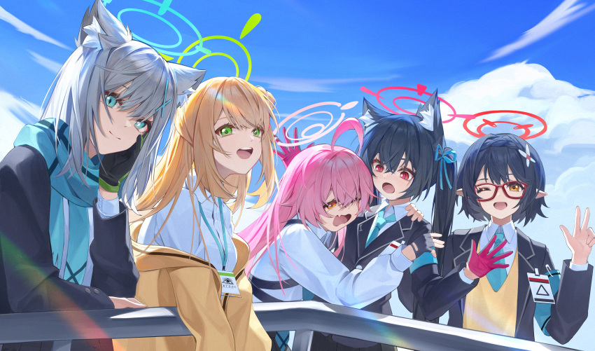 5girls absurdres ahoge animal_ears ayane_(blue_archive) black_hair blue_archive blue_eyes blue_halo cat_ears closed_mouth cross_hair_ornament foreclosure_task_force_(blue_archive) glasses green_eyes green_halo grey_hair hair_ornament halo highres hoshino_(blue_archive) light_brown_hair long_hair medium_hair multiple_girls nonomi_(blue_archive) one_eye_closed open_mouth pink_hair pink_halo red-framed_eyewear red_eyes red_halo serika_(blue_archive) shiroko_(blue_archive) short_hair smile suyi-j twintails wolf_ears yellow_eyes