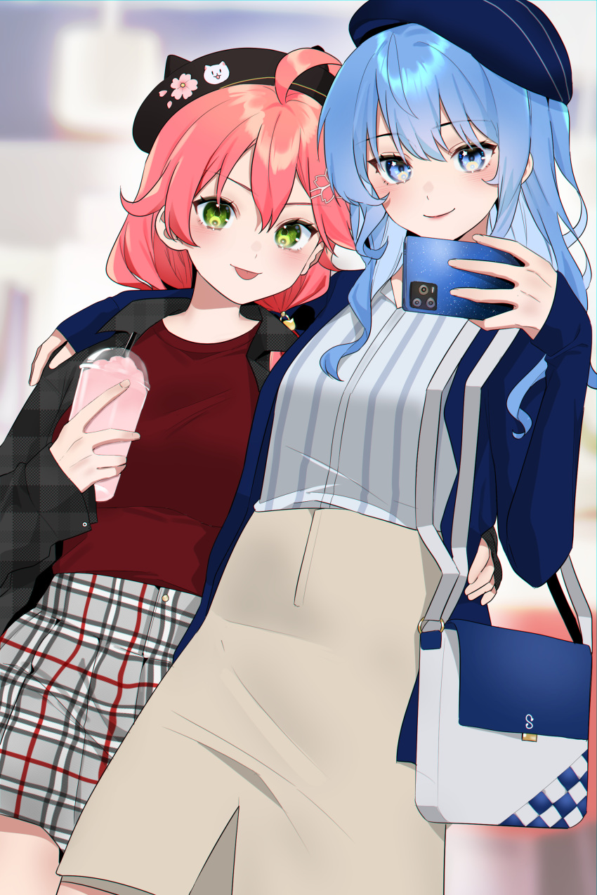 2girls :p absurdres ahoge alternate_costume arm_around_shoulder arm_around_waist bag beret black_jacket blue_eyes blue_hair blue_headwear blue_jacket blurry blurry_background blush breasts brown_skirt cellphone closed_mouth commentary english_commentary fake_horns feet_out_of_frame green_eyes grey_shirt grey_skirt hair_between_eyes hair_ornament hairclip handbag hat hievasp high-waist_skirt highres holding holding_phone hololive horned_headwear horns hoshimachi_suisei jacket light_blue_hair long_hair looking_at_viewer medium_breasts multiple_girls phone pink_hair plaid plaid_jacket plaid_skirt red_shirt sakura_miko selfie shirt shirt_tucked_in skirt small_breasts smartphone smile standing star_(symbol) star_in_eye striped striped_shirt symbol_in_eye tongue tongue_out vertical-striped_shirt vertical_stripes virtual_youtuber