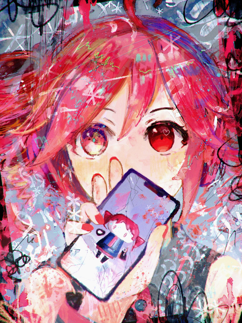 1girl abstract ahoge anmoromochi asterisk_(symbol) asymmetrical_eyes black_shirt blush cellphone_picture chibi chromatic_aberration collared_shirt commentary_request covered_mouth cracked_screen detached_sleeves drill_hair dual_persona grey_background hand_up heart heart_in_eye highres hito_mania_(utau) holding holding_phone kasane_teto looking_at_viewer phone portrait red_nails redhead shirt short_hair sleeveless sleeveless_shirt solo symbol_in_eye twin_drills utau