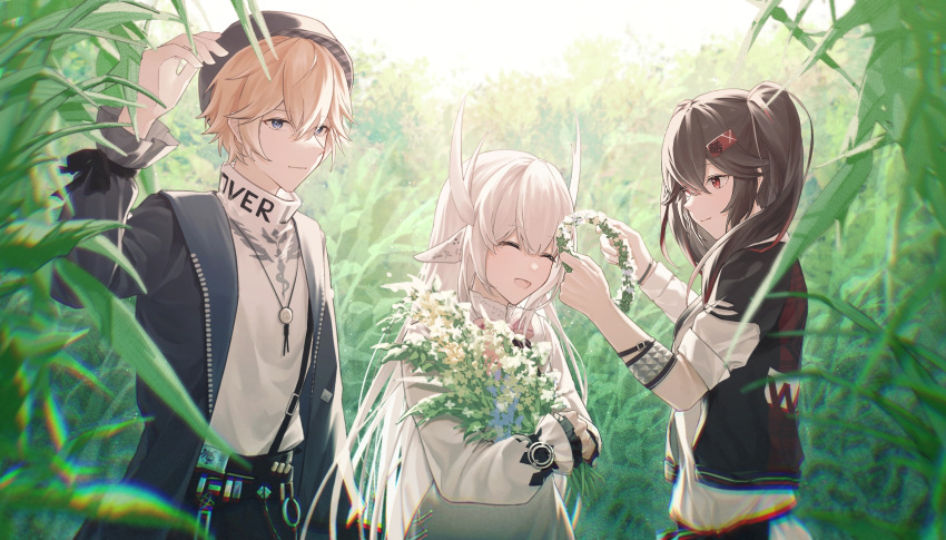 1boy 2girls animal_ears armband arms_up belt black_coat blonde_hair blue_eyes bow bowtie brown_hair chinese_commentary closed_eyes coat commentary dress emblem fake_animal_ears fake_horns flower flower_wreath hair_between_eyes hair_ornament hairclip hat highres holding holding_flower horns jewelry leaf lee:_palefire_(ivy)_(punishing:_gray_raven) lee_(punishing:_gray_raven) liv:_eclipse_(tiara)_(punishing:_gray_raven) liv_(punishing:_gray_raven) long_hair lucia:_dawn_(holiday_of_eden)_(punishing:_gray_raven) lucia_(punishing:_gray_raven) multicolored_hair multiple_girls nature necklace open_clothes open_coat open_mouth outdoors pink_bow pink_bowtie punishing:_gray_raven red_eyes redhead short_hair sleeves_rolled_up smile streaked_hair sweater turtleneck turtleneck_sweater twintails upper_body white_dress white_hair white_sweater zhou_huan_(dgpe2833)