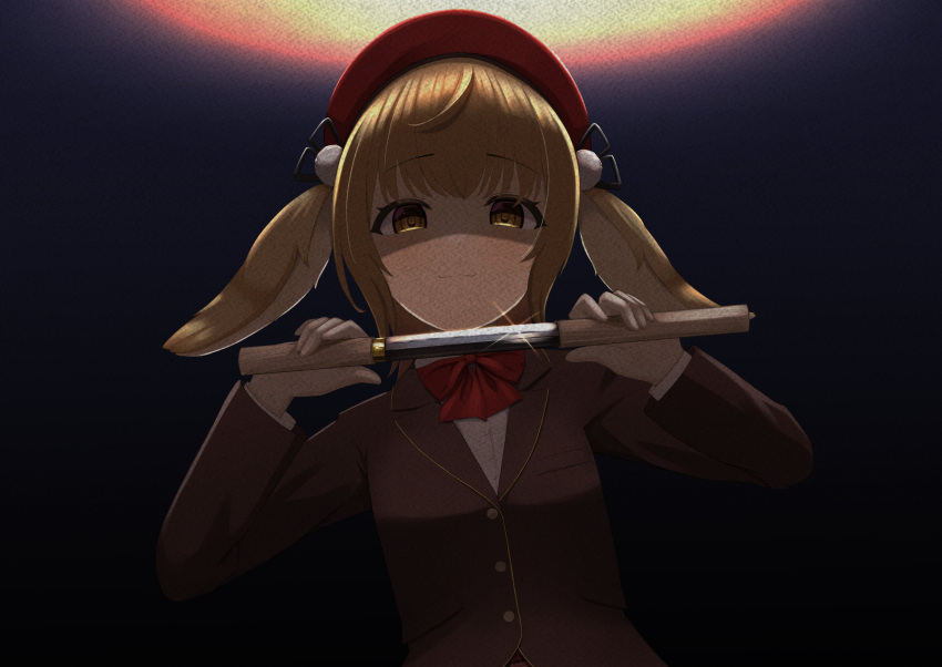 1girl absurdres animal_ears beret blazer blonde_hair bow bowtie breasts brown_jacket buttons closed_mouth cocorog commentary_request cowlick floppy_ears hat highres holding holding_knife inaba_haneru_(animare) jacket knife long_sleeves looking_at_viewer looking_down medium_bangs nanashi_inc. rabbit_ears rabbit_girl red_bow red_bowtie red_headwear shaded_face sheath shirt short_hair short_sword small_breasts smile solo sword tantou unsheathing upper_body weapon white_shirt yellow_eyes