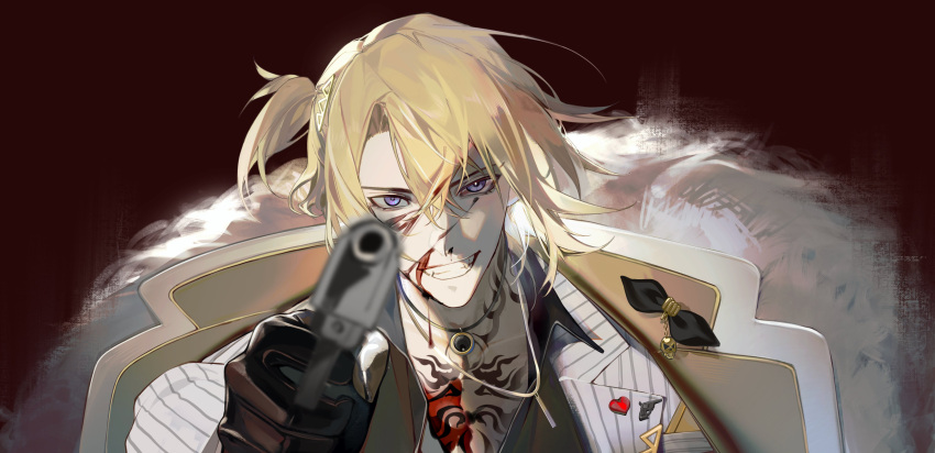 1boy absurdres black_gloves blonde_hair blood blood_on_face chest_tattoo coat coat_on_shoulders gloves grin gun highres holding holding_gun holding_weapon long_sleeves luca_kaneshiro luca_kaneshiro_(1st_costume) male_focus nijisanji nijisanji_en owls_(owls_0409) short_sidetail smile solo striped_suit suit tattoo violet_eyes virtual_youtuber weapon