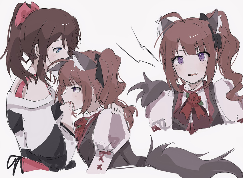 2girls ahoge animal_ears biting black_bow black_bowtie black_shirt blood blush bow bowtie brown_hair commentary_request cropped_torso fang hair_bow highres idolmaster idolmaster_million_live! injury juliet_sleeves long_hair long_sleeves multiple_girls multiple_views off-shoulder_shirt off_shoulder pann_bot_p parted_lips pink_bow pink_tank_top ponytail puffy_sleeves satake_minako shirt short_sleeves sidelocks simple_background sweatdrop tail tank_top two-tone_shirt upper_body violet_eyes white_background white_shirt wolf_ears wolf_girl wolf_tail yokoyama_nao