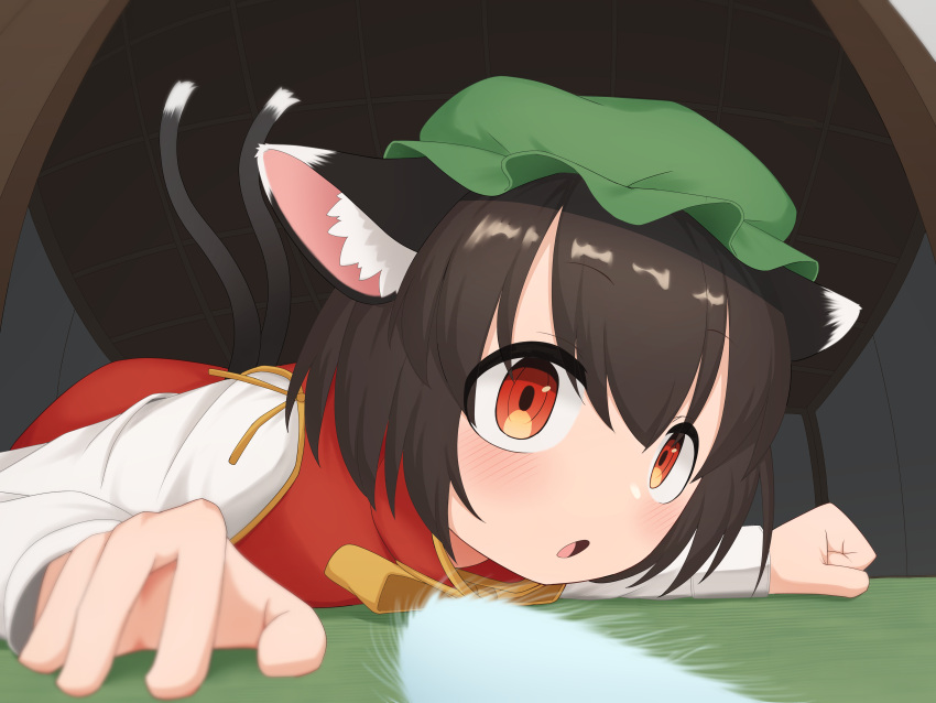 1girl :o absurdres animal_ear_fluff animal_ears asakura_haru brown_hair cat_ears cat_tail ceiling chen commentary_request doorway double-parted_bangs dress fisheye gold_trim green_headwear hair_between_eyes hat highres indoors looking_at_viewer lying mob_cap multiple_tails nekomata on_stomach open_mouth perspective red_dress red_eyes short_hair solo tail top-down_bottom-up touhou two_tails