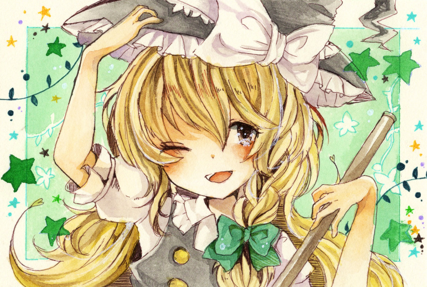 1girl arm_up black_vest blonde_hair blush border bow bowtie braid broom collared_shirt frilled_headwear frilled_ribbon frilled_shirt_collar frilled_sleeves frills green_background green_bow green_bowtie hair_between_eyes hand_on_headwear happy hat hat_bow hat_ribbon highres holding holding_broom kirisame_marisa long_hair looking_at_viewer one_eye_closed open_mouth painting_(medium) puffy_short_sleeves puffy_sleeves ribbon shirt short_sleeves simple_background single_braid solo star_(symbol) teeth totoki_mea touhou traditional_media upper_body upper_teeth_only vest watercolor_(medium) white_border white_bow white_ribbon witch_hat yellow_eyes