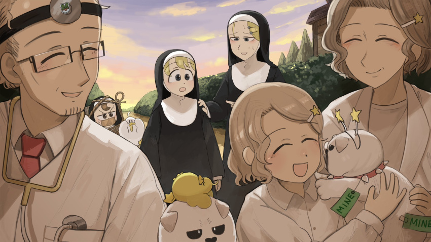 1boy 5girls :d bird blonde_hair blue_eyes bound brown_hair bulldog catholic chicken clumsy_nun_(diva) diva_(hyxpk) dog duck duckling english_commentary father_and_daughter froggy_nun_(diva) gag habit hair_ornament highres improvised_gag light_brown_hair little_nuns_(diva) little_star_girl_(diva) mother_and_daughter multiple_girls necktie nun red_necktie shirt smile star_(symbol) star_hair_ornament stethoscope strict_nun_(diva) tape tape_gag tied_up_(nonsexual) traditional_nun white_shirt