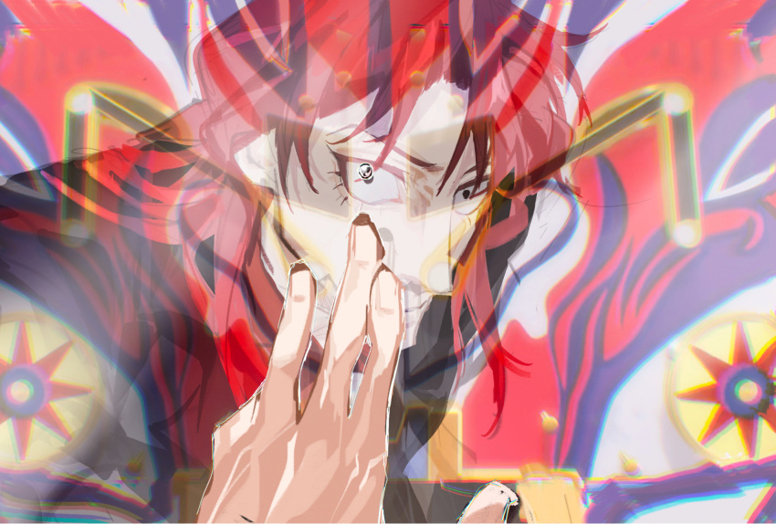 1boy black_eyes black_jacket blazer chinese_commentary commentary_request constricted_pupils fingernails highres houlong_siche ichijou_seiya jacket kaiji long_hair long_sleeves looking_at_viewer male_focus medium_bangs necktie pachinko pachinko_ball red_shirt redhead shirt solo suit upper_body white_necktie