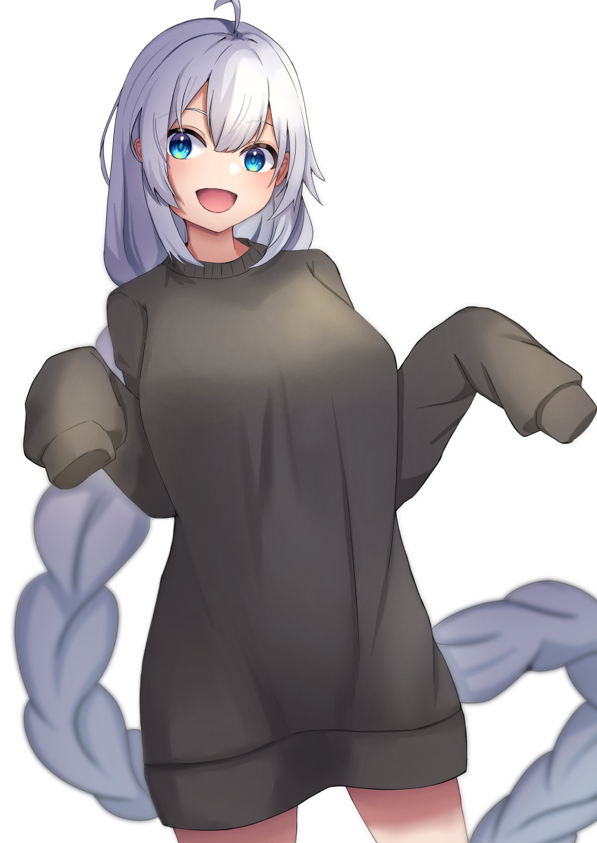 1girl absurdly_long_hair absurdres ahoge black_shirt blue_eyes braid braided_ponytail breasts cowboy_shot grey_hair hair_between_eyes hands_up head_tilt highres kizuna_akari large_breasts long_hair long_sleeves looking_at_viewer nise_no_tsubo open_mouth oversized_clothes oversized_shirt shirt simple_background sleeves_past_fingers sleeves_past_wrists smile solo tareme very_long_hair voiceroid white_background