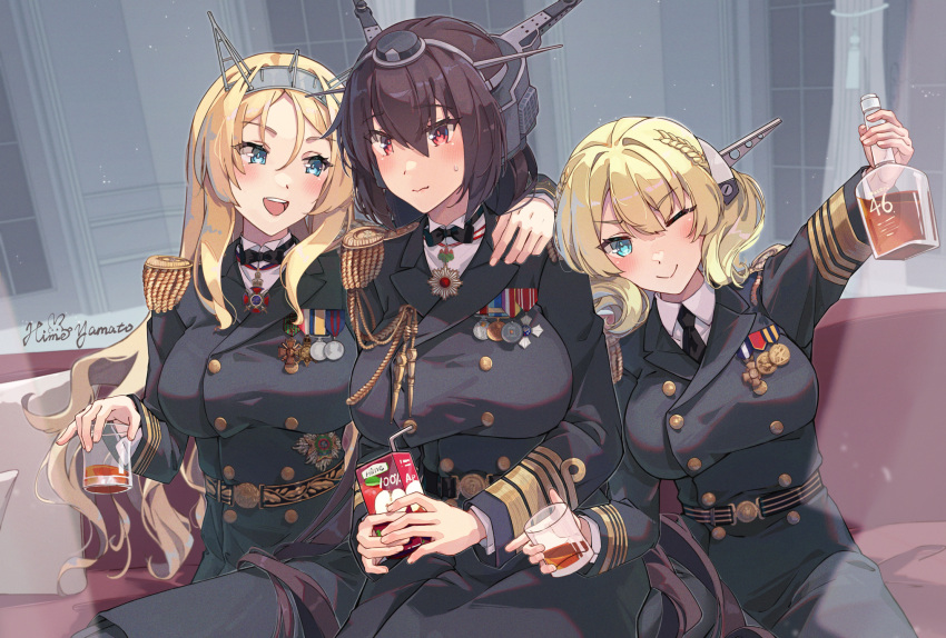 3girls alcohol alternate_costume arm_up artist_name black_bow black_jacket black_necktie black_pants blonde_hair blue_eyes blush bow braid breasts brown_hair buttons closed_mouth collared_shirt colorado_(kancolle) commentary_request couch cup double-breasted epaulettes headgear highres himeyamato holding holding_cup jacket kantai_collection large_breasts long_hair medal military_uniform mixed-language_commentary multiple_girls nagato_(kancolle) necktie nelson_(kancolle) pants redhead shirt short_hair smile teeth uniform upper_teeth_only whiskey white_shirt
