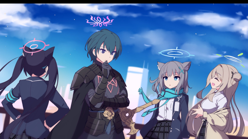 1boy 3girls animal_ear_fluff animal_ears armor black_armor black_hair blonde_hair blue_archive blue_halo blue_jacket blue_scarf blue_sky byleth_(fire_emblem) byleth_(male)_(fire_emblem) cape cat_ears closed_eyes crest_of_flames crossover extra_ears fire_emblem fire_emblem:_three_houses foreclosure_task_force_(blue_archive) green_halo grey_hair halo highres jacket looking_afar mild_(trmsasasa) mismatched_pupils multiple_girls nonomi_(blue_archive) open_mouth pink_halo purple_halo scarf serika_(blue_archive) shiroko_(blue_archive) sky smile sword sword_of_the_creator vambraces violet_eyes weapon wolf_ears yellow_jacket